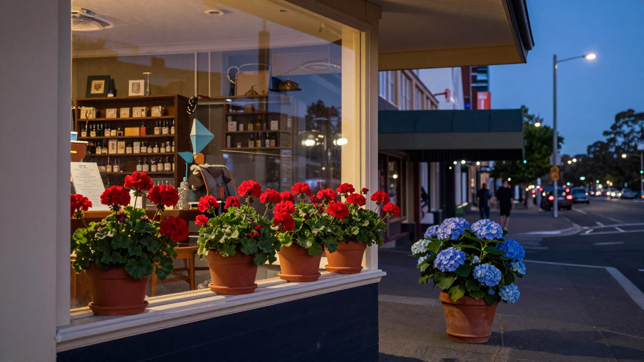Adelaide South Australia indigo twilight street scene with geraniums and hydrangeas in in Adelaide, South Australia, Australia