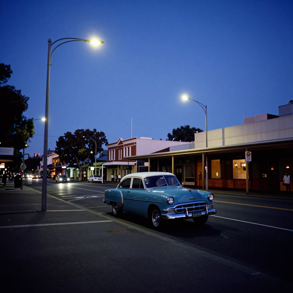 Adelaide South Australia Indigo Twilight Street Scene with Vintage 1950s Car and Pedestrians in in Adelaide, South Australia, Australia