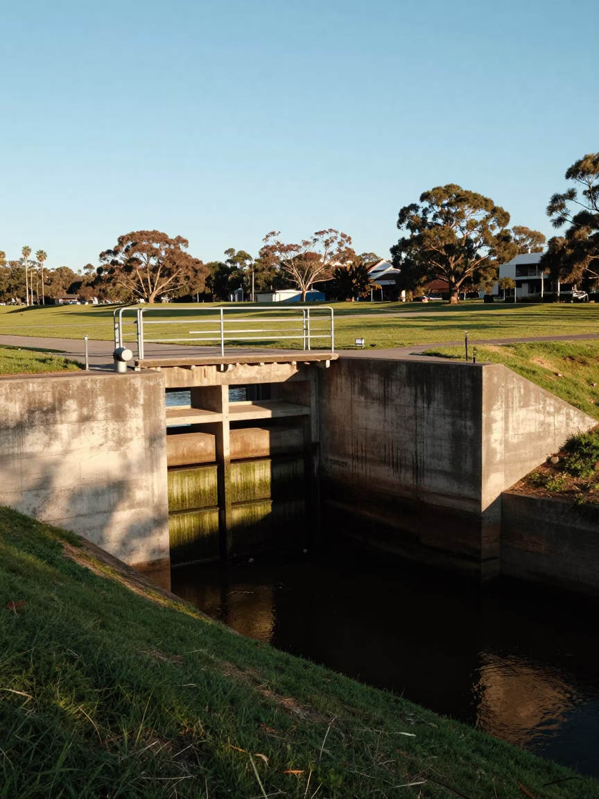 Adelaide South Australia Late Afternoon Light Riverbank Floodgate Chamber and Parkland Scene in in Adelaide, South Australia, Australia