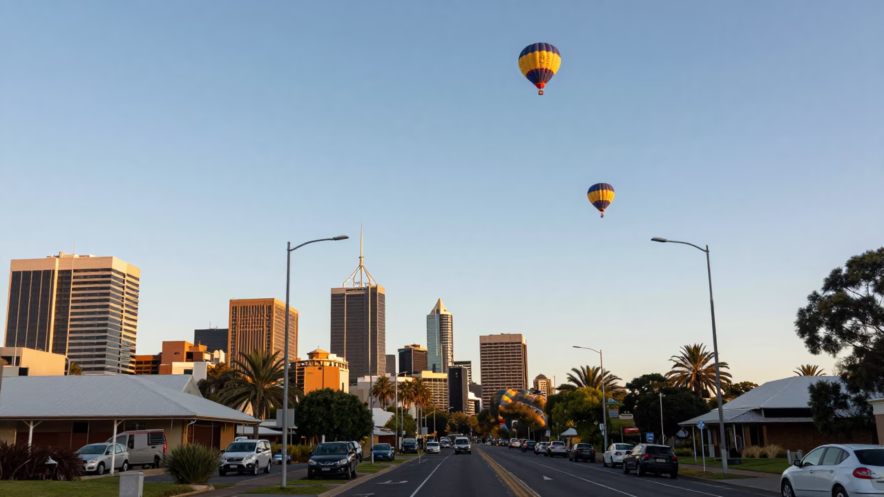 Adelaide South Australia late afternoon light street scene with hot air balloons in in Adelaide, South Australia, Australia