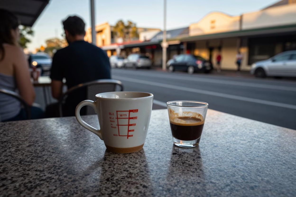 Adelaide South Australia Late Afternoon Street Scene with Measuring Cup on Cafe Table in in Adelaide, South Australia, Australia
