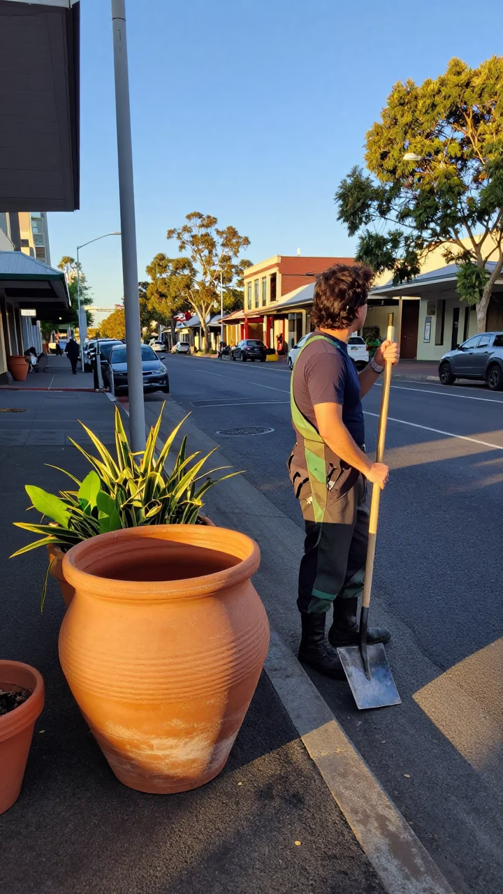 Adelaide South Australia Late Afternoon Street Scene with Trowel and Watering Bottle in in Adelaide, South Australia, Australia