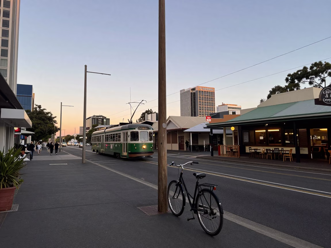 Adelaide South Australia Nautical Dawn Street Scene with Bicycle and Tram in in Adelaide, South Australia, Australia