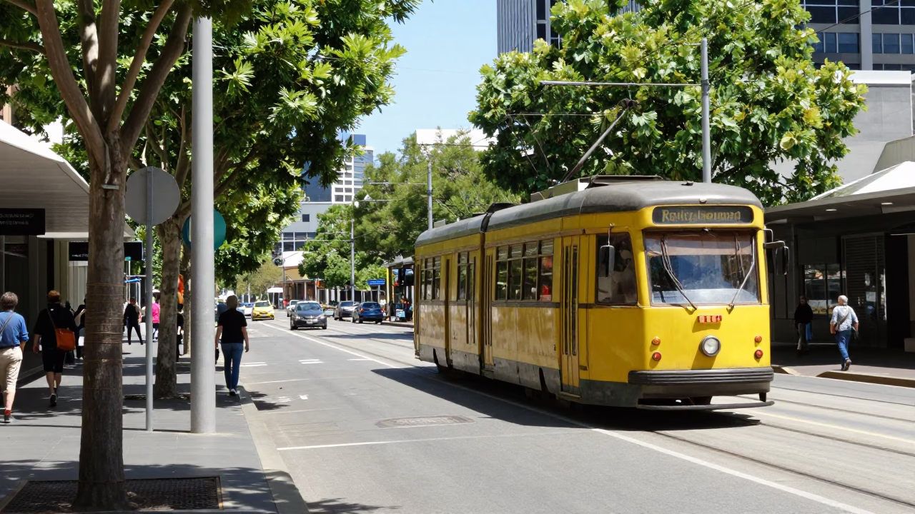 Adelaide South Australia noon light street scene with tram and city architecture in in Adelaide, South Australia, Australia