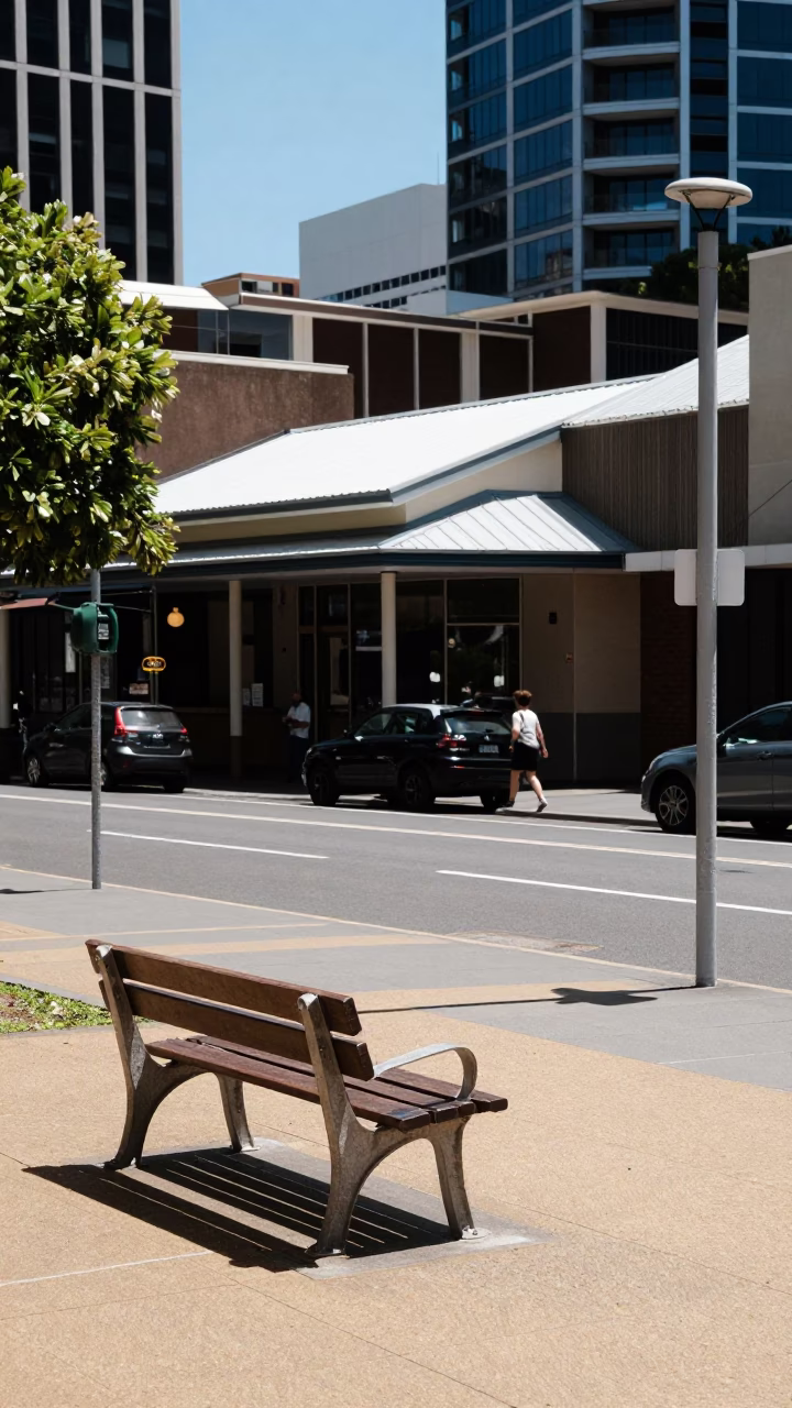Adelaide South Australia Noon Street Scene Park Bench and Urban Architecture in in Adelaide, South Australia, Australia