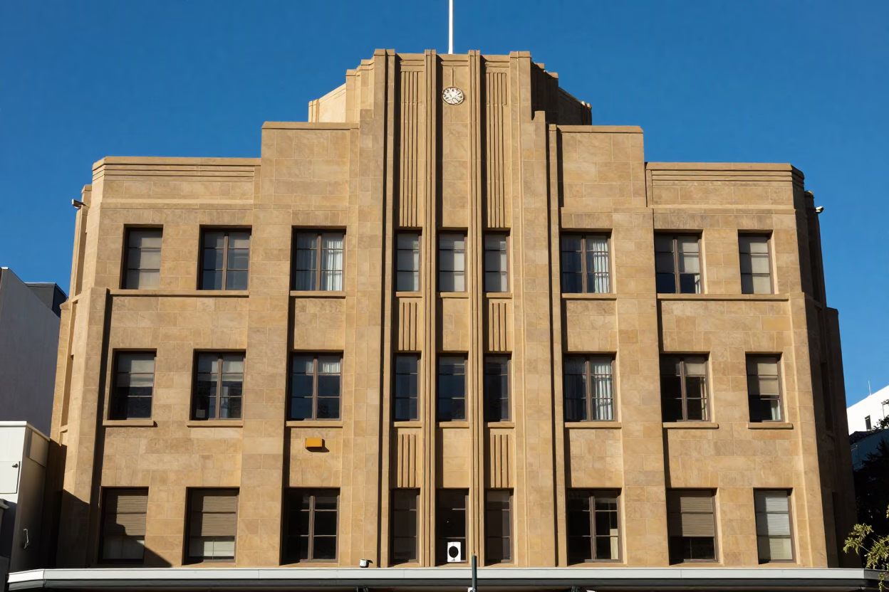 Adelaide South Australia Noon Sunlight on Art Deco Hotel Facade and Clear Glass Doorframe in in Adelaide, South Australia, Australia