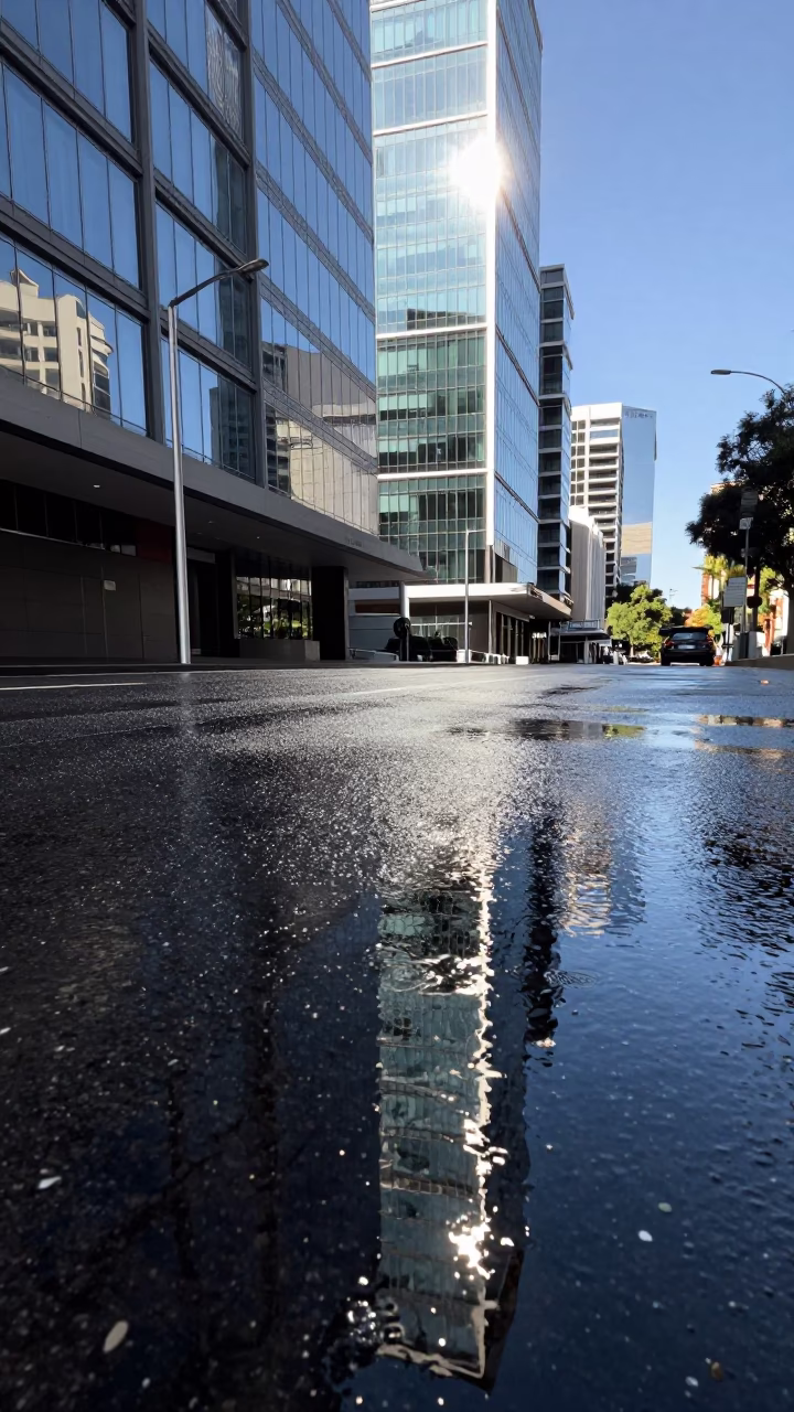 Adelaide South Australia Noon Sunlight Reflections on Wet Pavement Near Hotel and Traffic in in Adelaide, South Australia, Australia