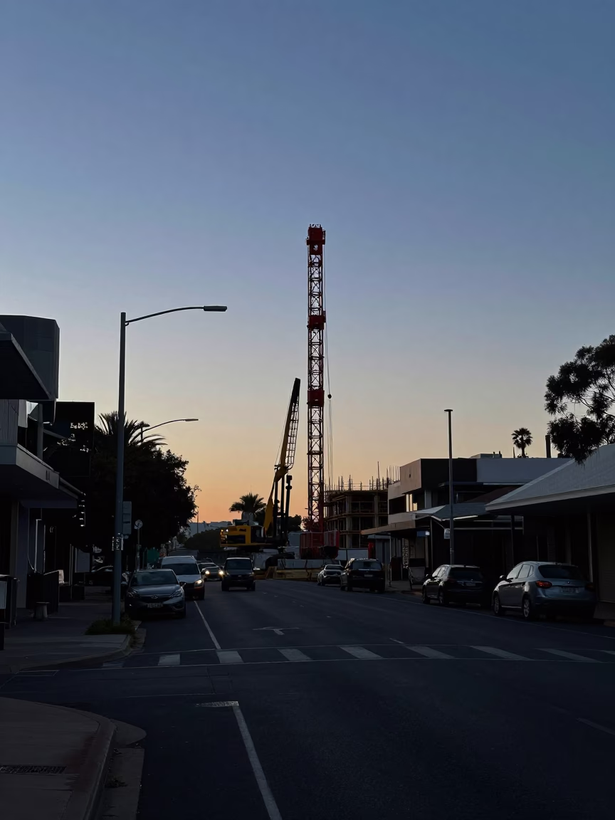 Adelaide South Australia Pre-Dawn Street Scene With Pile Driver Construction in in Adelaide, South Australia, Australia