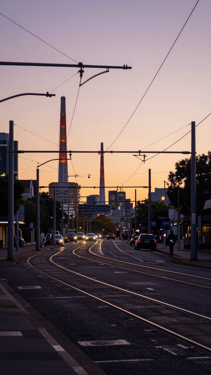 Adelaide South Australia pre-dawn street scene with rail catenary system and urban fog in in Adelaide, South Australia, Australia