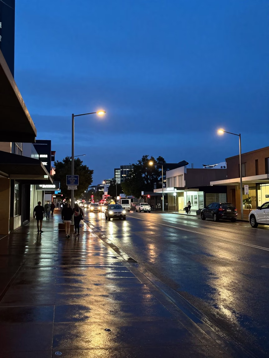 Adelaide South Australia street scene at blue hour with wet pavement and city lights in in Adelaide, South Australia, Australia