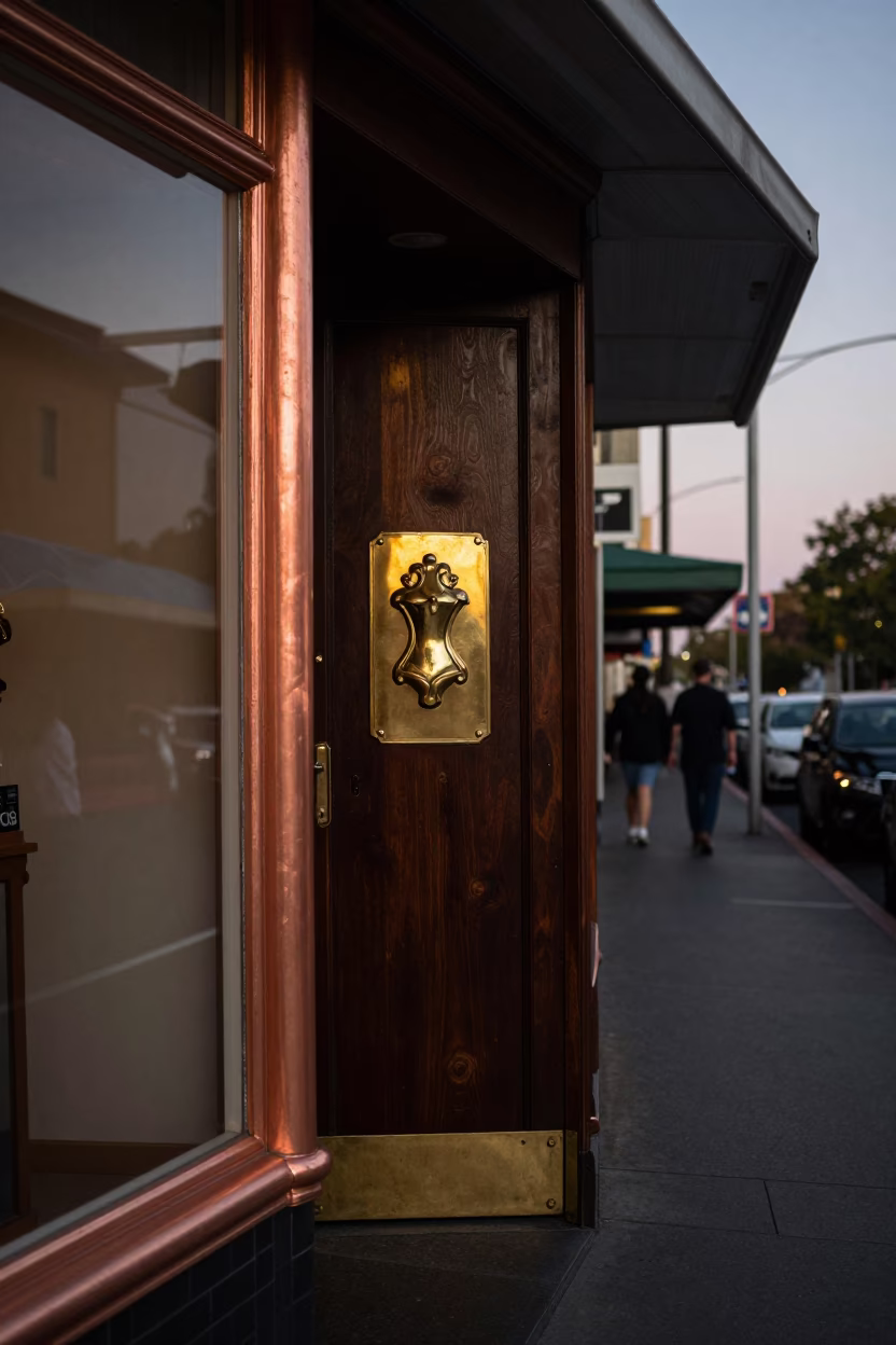 Adelaide South Australia street scene before dusk with brass escutcheon and houseplant in in Adelaide, South Australia, Australia