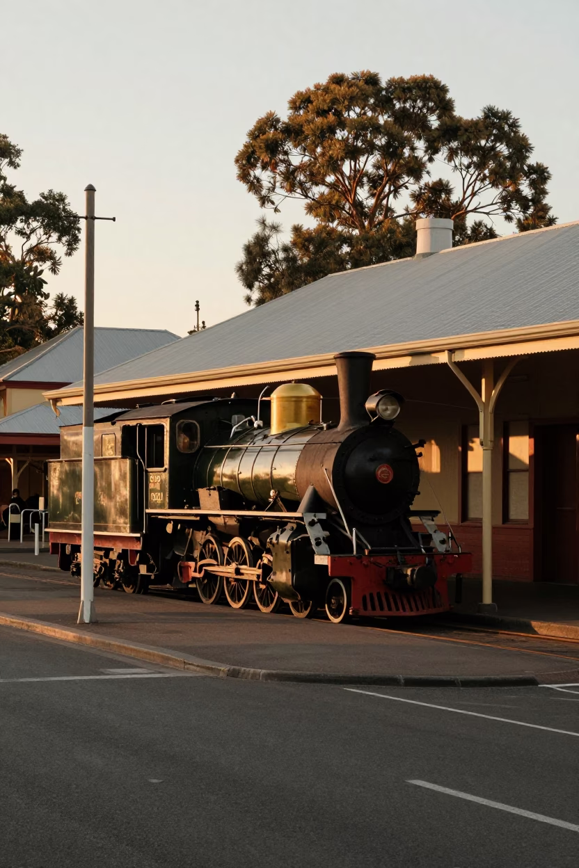Adelaide South Australia Street Scene with Heritage Steam Locomotive and Evening Light in in Adelaide, South Australia, Australia