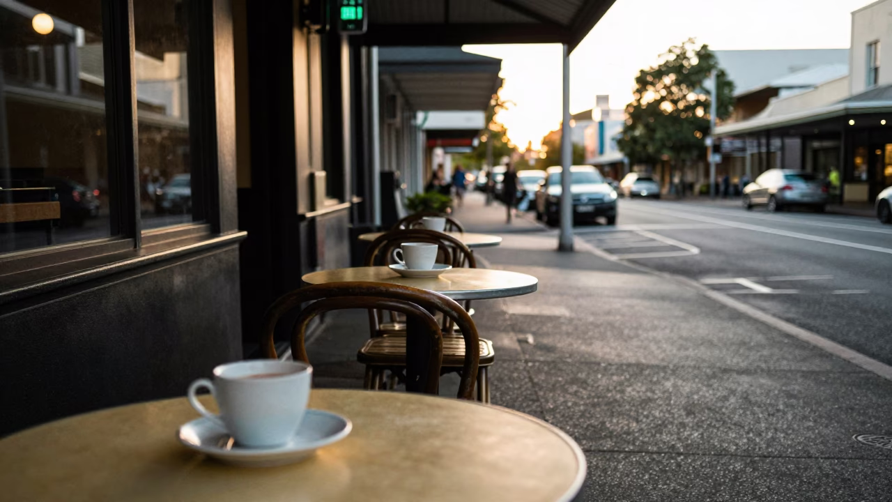 Adelaide South Australia street scene with vintage cup and plate at first light in in Adelaide, South Australia, Australia