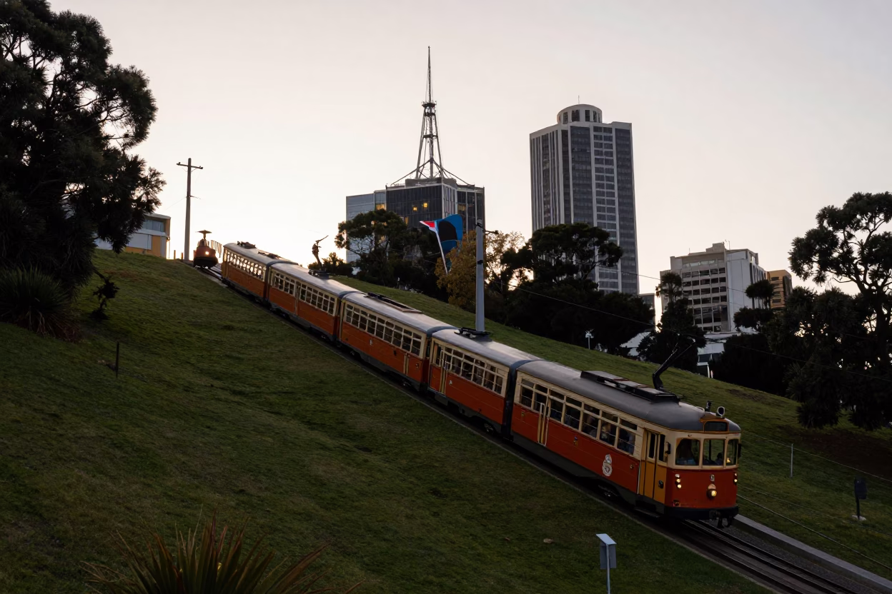 Adelaide South Australia Sunrise Funicular Climbing North Terrace Hill Before Dawn in in Adelaide, South Australia, Australia