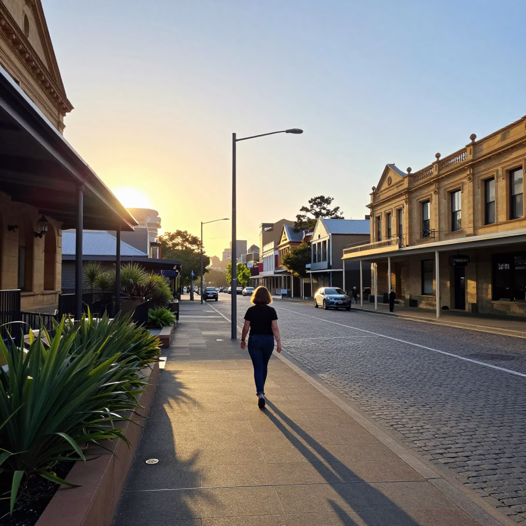 Adelaide South Australia sunrise street scene with houseplants and urban architecture in in Adelaide, South Australia, Australia