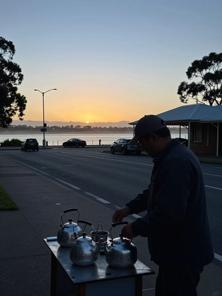 Adelaide South Australia sunrise street scene with tea kettles and fishing prau in in Adelaide, South Australia, Australia