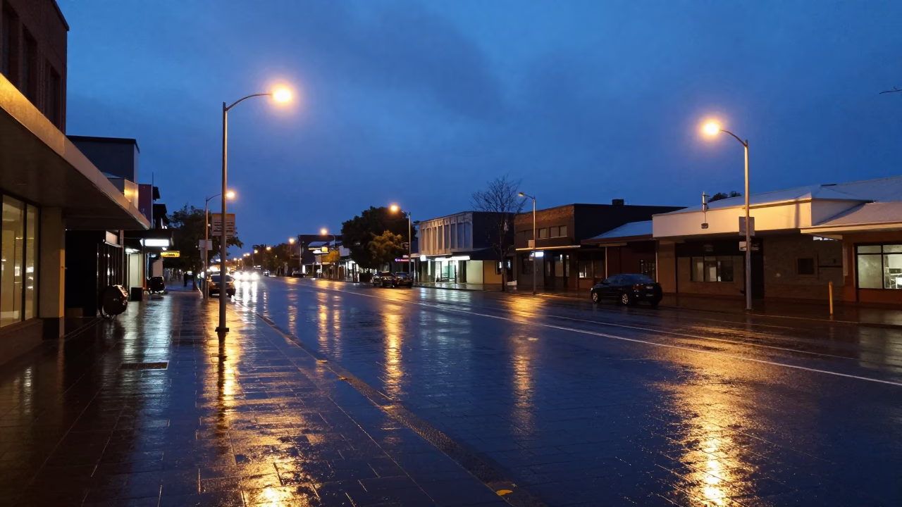 Adelaide South Australia twilight street scene with wet flagstones and city lights in in Adelaide, South Australia, Australia