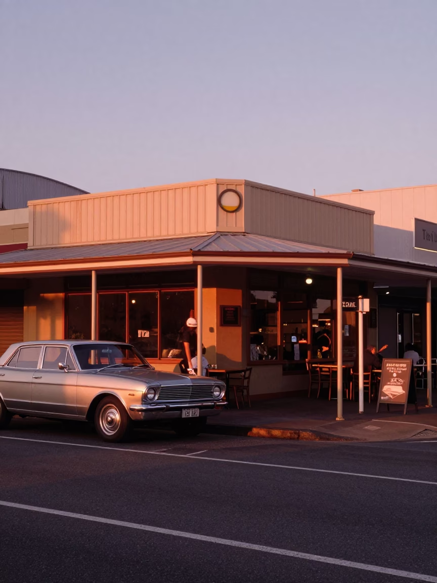 Adelaide Street Corner Café in Copper Dusk Light with Vintage Cars and Majolica Plates in in Adelaide, South Australia, Australia