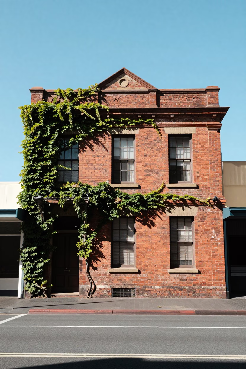 Adelaide Street Scene Under Flat Noon Glare with Ivy Vines and Spindle Chair in in Adelaide, South Australia, Australia
