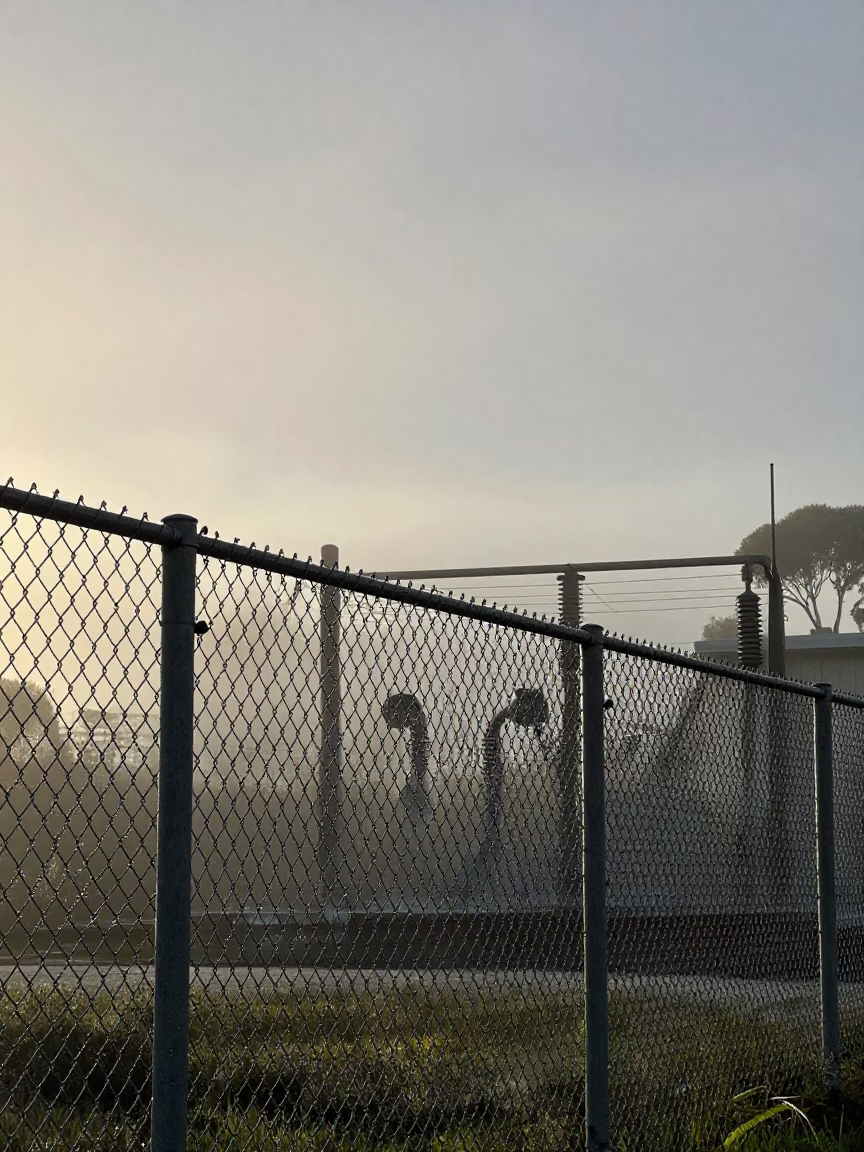 Adelaide Substation Fence Beaded with Dew at Nautical Dawn in South Australia in in Adelaide, South Australia, Australia