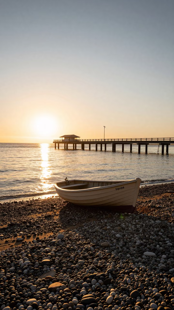 Adelaide Sunset at Glenelg Jetty with Rowboat and Pebble Beach in in Adelaide, South Australia, Australia