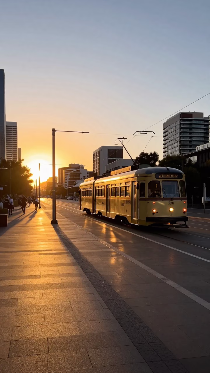 Adelaide sunset at North Terrace with tram and city skyline view in in Adelaide, South Australia, Australia