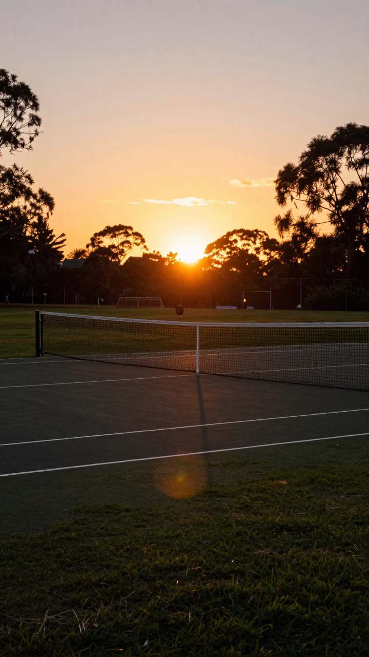 Adelaide Sunset at Torrens Recreation Reserve with Tennis Net and Geometric Scaffolding in in Adelaide, South Australia, Australia