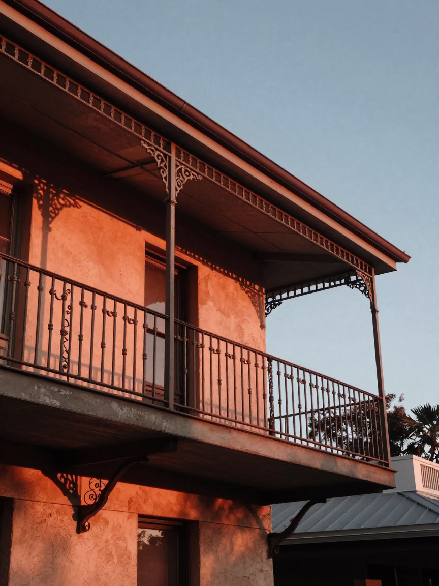 Adelaide sunset copper light on historic terrace balcony with fig tree and linen fringe in in Adelaide, South Australia, Australia