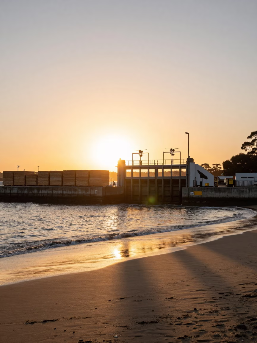 Adelaide Sunset Over The Port With Levee Floodgate And Sandbag Stacks in in Adelaide, South Australia, Australia