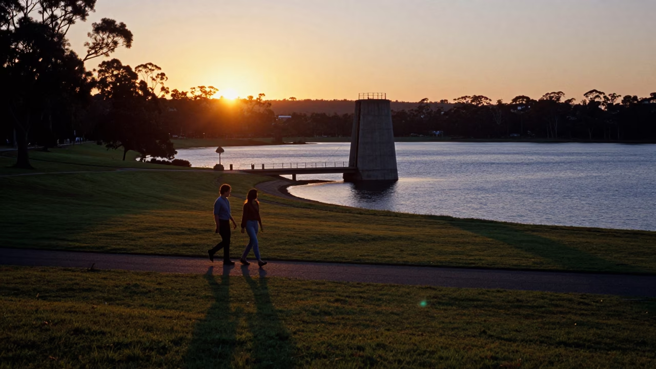 Adelaide sunset over Torrens Park reservoir with couple walking near intake tower in in Adelaide, South Australia, Australia