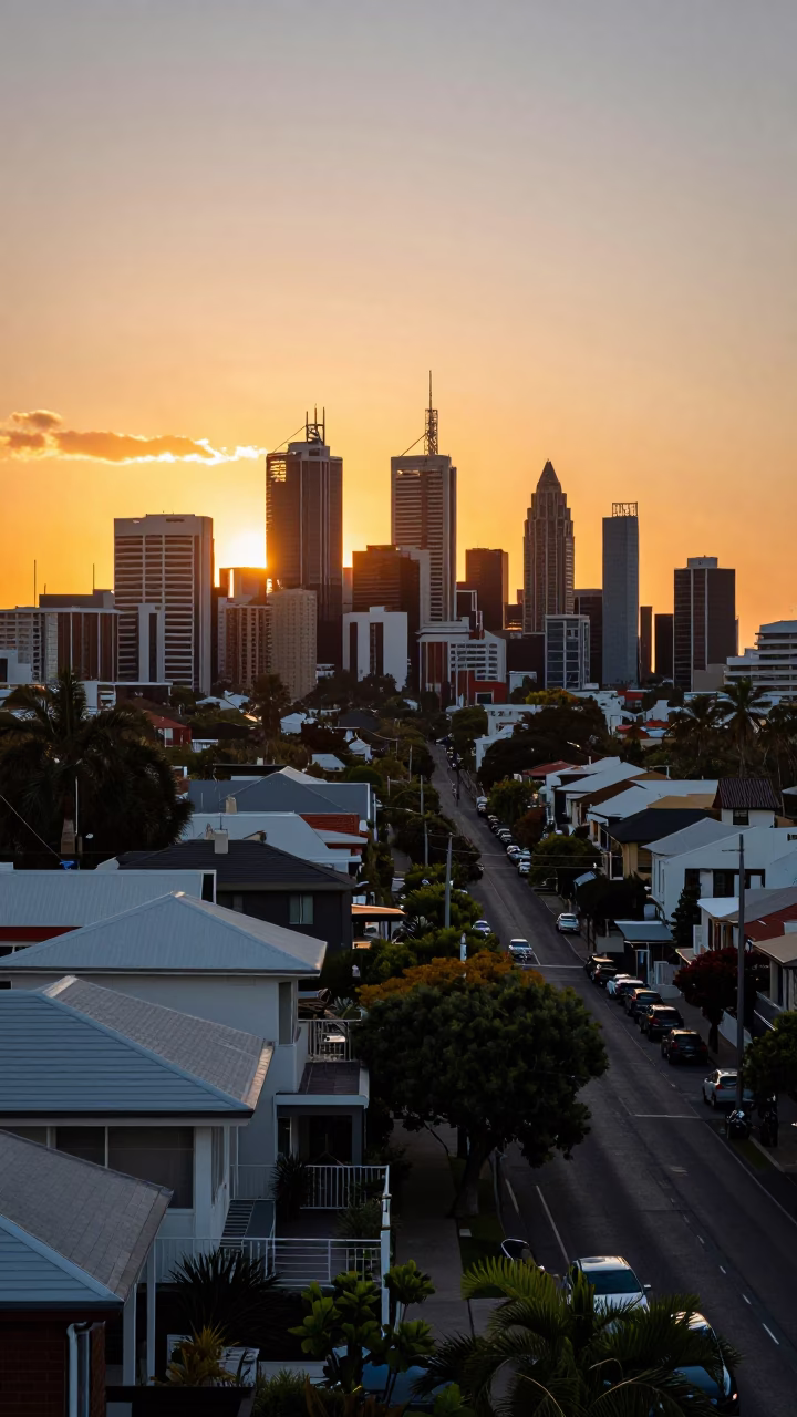 Adelaide Sunset Skyline View Over Rooftops and Urban Terrace Streets in in Adelaide, South Australia, Australia