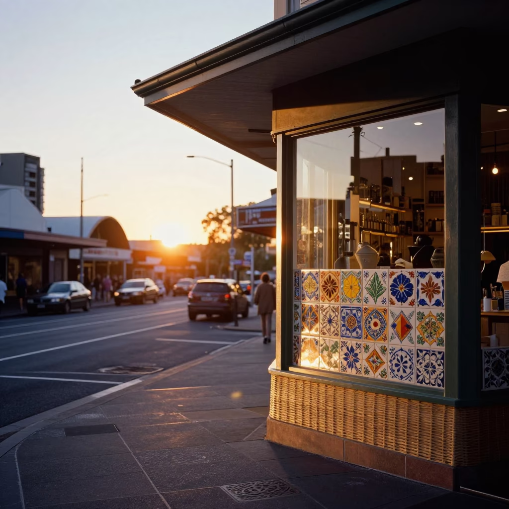 Adelaide sunset street scene with ceramic tiles and wicker shadow in in Adelaide, South Australia, Australia