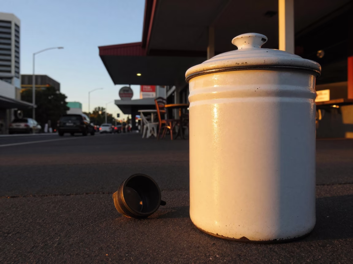 Adelaide Sunset Street Scene with Coffee Tin and Rubber Stamp on Table in in Adelaide, South Australia, Australia