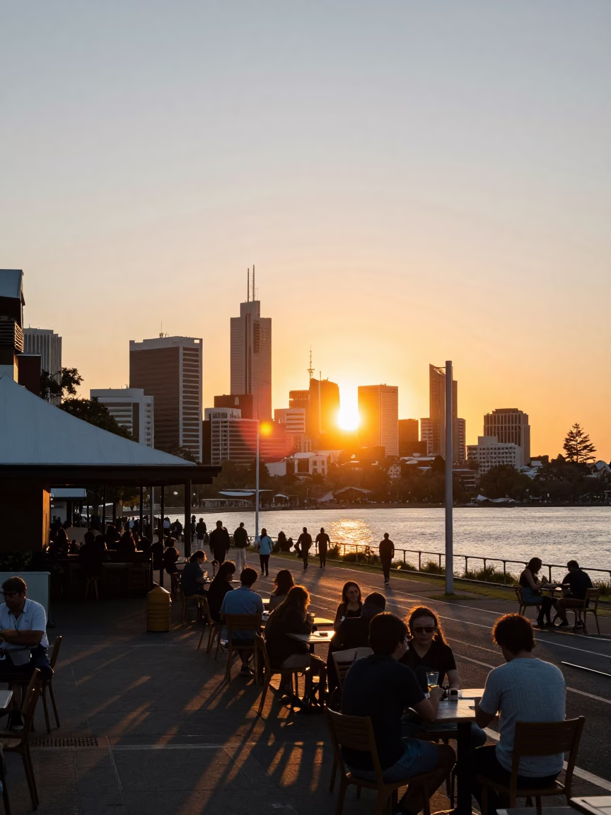 Adelaide sunset street scene with local dining and casual outdoor seating in in Adelaide, South Australia, Australia
