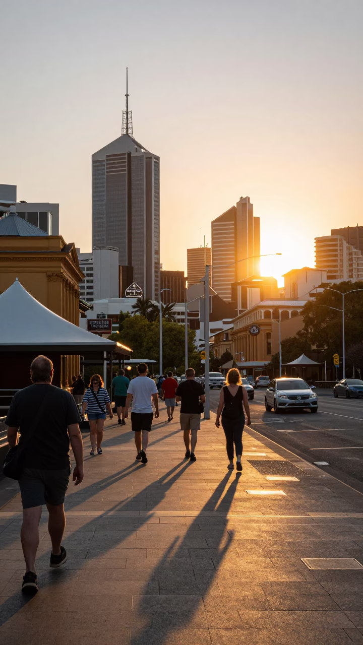 Adelaide Sunset Street Scene with Local Pedestrians and Vintage Elements in in Adelaide, South Australia, Australia