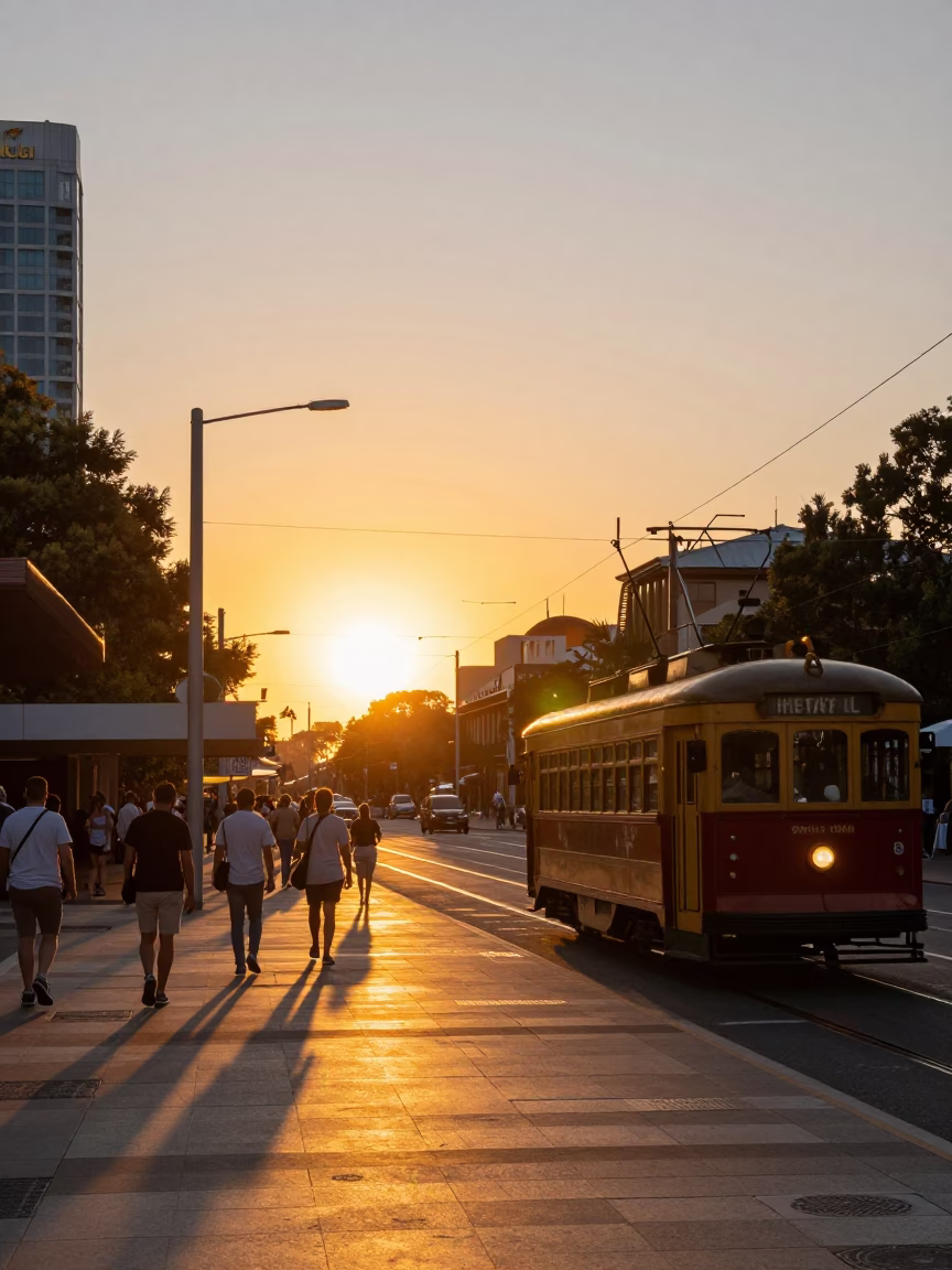 Adelaide sunset street scene with locals and tram at golden hour in in Adelaide, South Australia, Australia