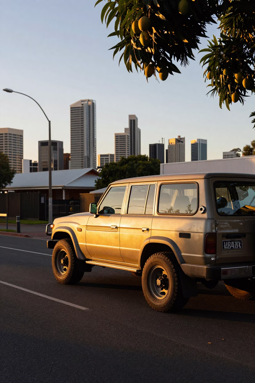 Adelaide sunset street scene with mangoes and vintage SUV in South Australia in in Adelaide, South Australia, Australia