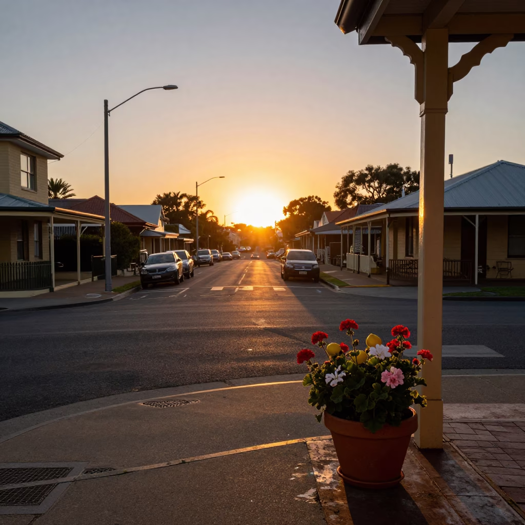 Adelaide Sunset Street Scene with Potted Geraniums and Fruit Crate in in Adelaide, South Australia, Australia