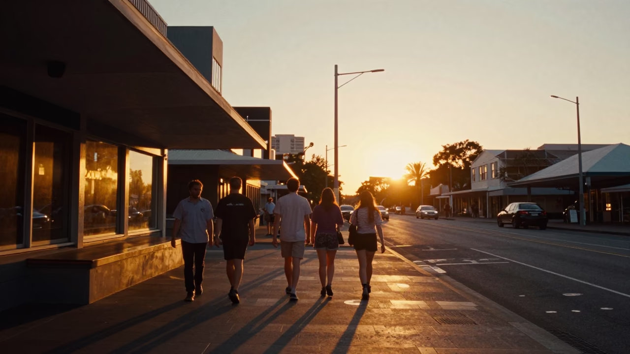 Adelaide sunset street scene with vintage 1980s aesthetics and local charm in in Adelaide, South Australia, Australia