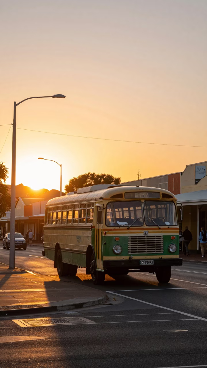 Adelaide Sunset Street Scene with Vintage Bus and Local Crowd in South Australia in in Adelaide, South Australia, Australia