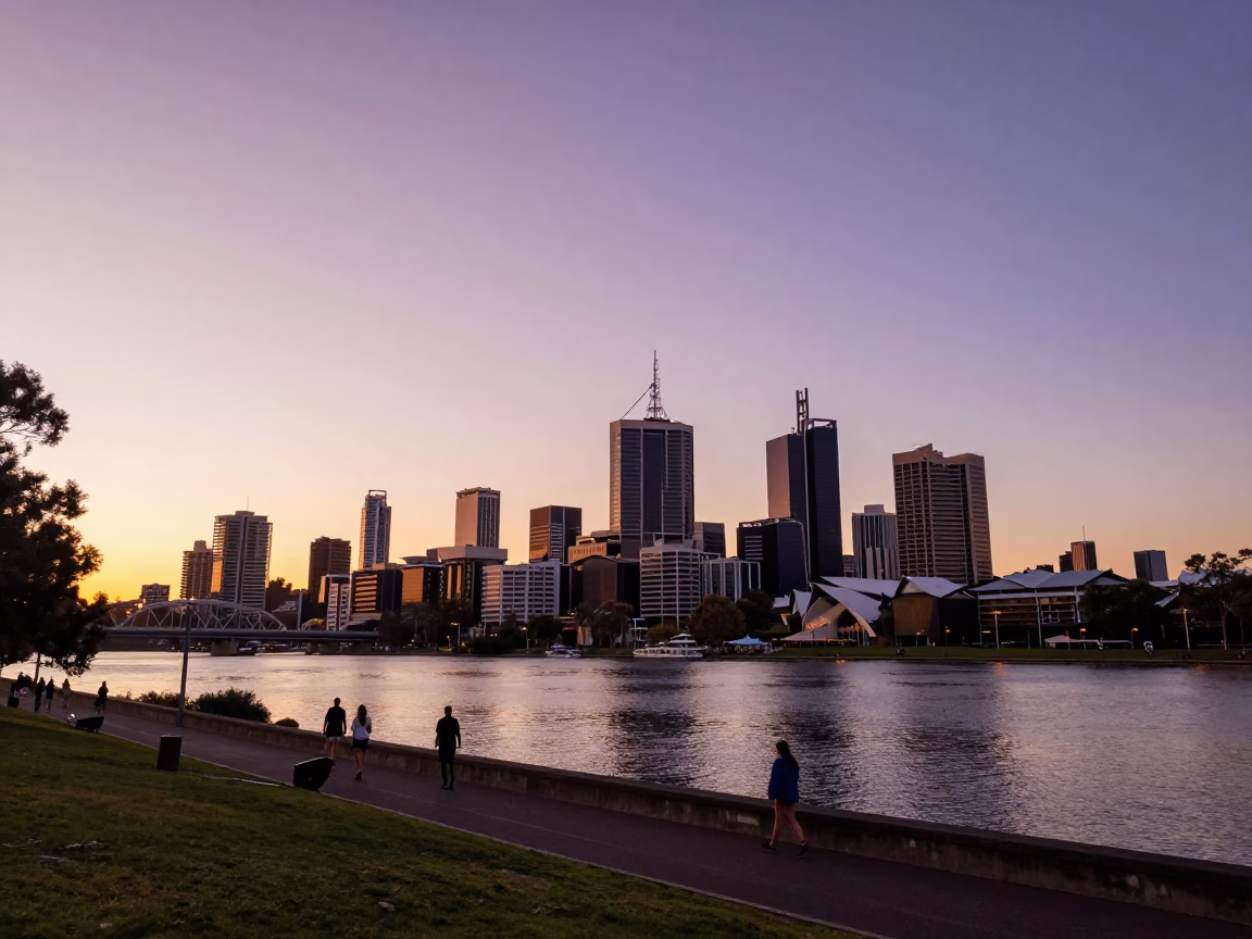 Adelaide Sunset View of River Torrens and City Skyline from North Terrace in in Adelaide, South Australia, Australia