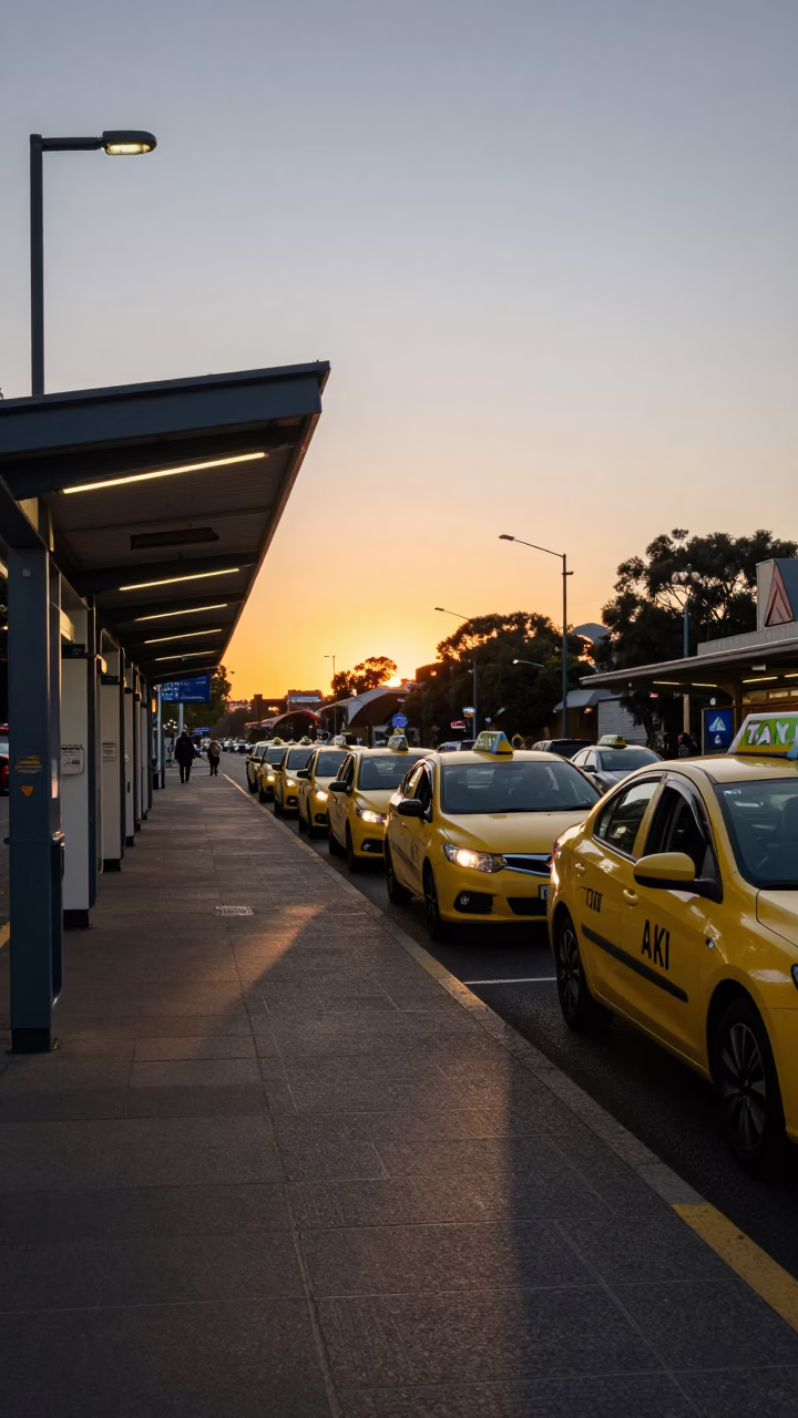 Adelaide taxi rank outside train station at twilight with city skyline backdrop in in Adelaide, South Australia, Australia