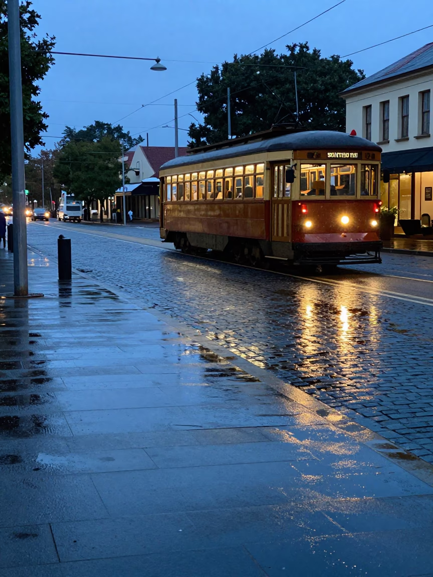 Adelaide tramcar reflection in dawn rain puddles on cobblestone street in in Adelaide, South Australia, Australia