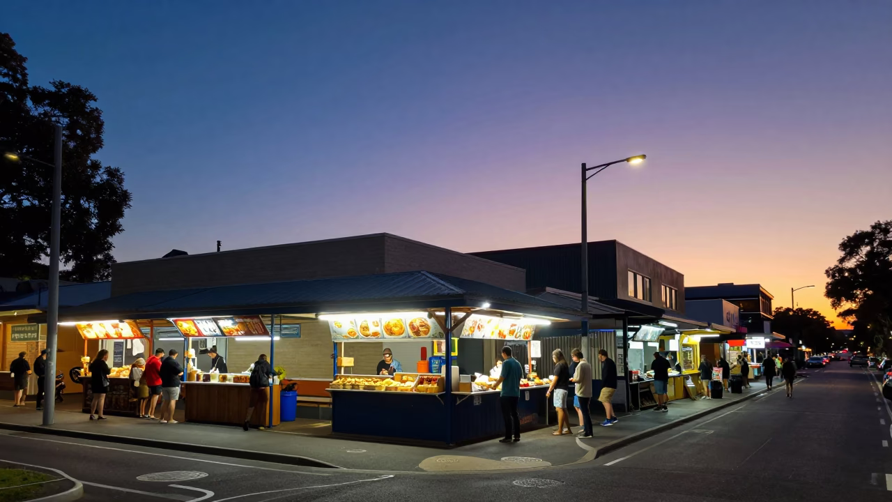 Adelaide twilight street scene with food stalls and urban architecture in South Australia in in Adelaide, South Australia, Australia