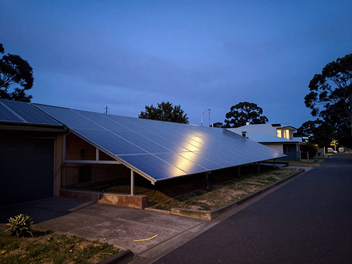 Adelaide twilight street scene with solar array and urban infrastructure in in Adelaide, South Australia, Australia
