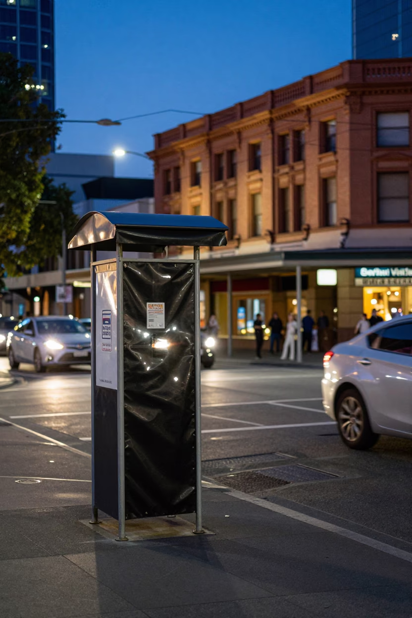 Adelaide Twilight Street Scene with Valet Stand and Hotel Awning Headlight Reflections in in Adelaide, South Australia, Australia