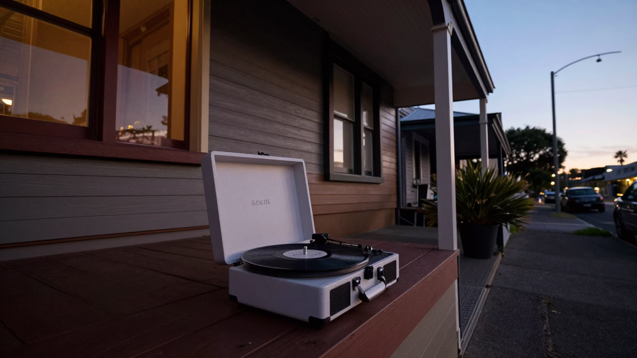 Adelaide twilight street scene with vintage record player and local architecture in in Adelaide, South Australia, Australia