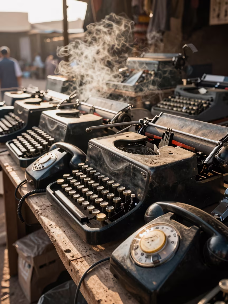 Aden Flea Market Typewriters and Phones in at a market stall in Aden