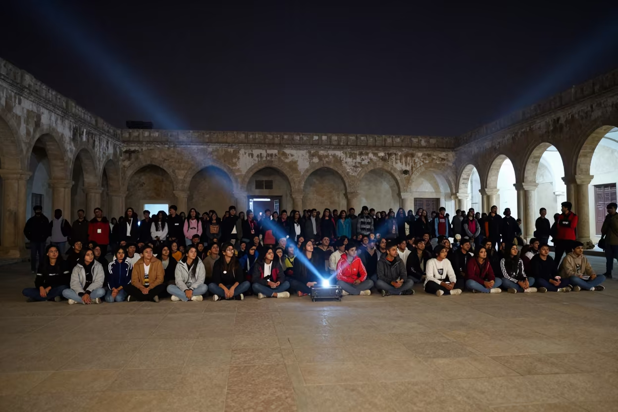 Students Gather Under Aden University Cloister at Midnight in beneath a university cloister near Aden