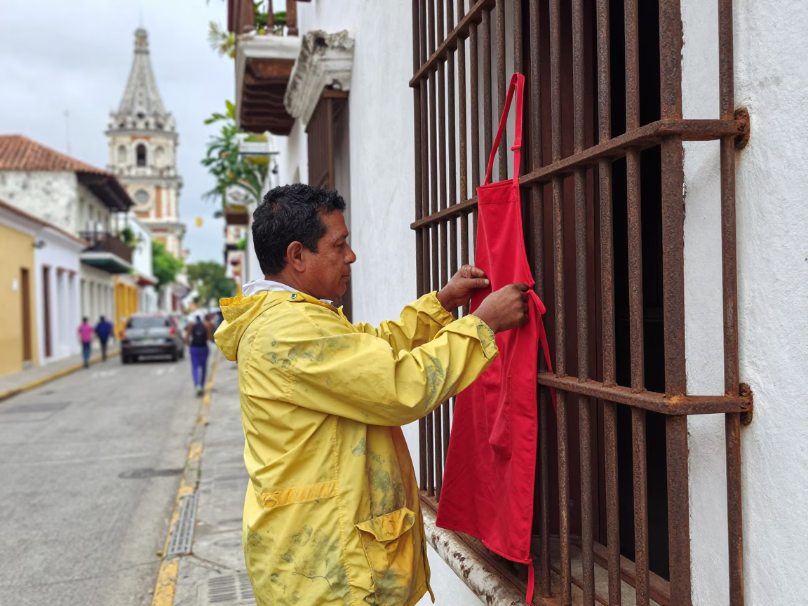 Adjusting Apron in Cartagena in in Cartagena, Colombia